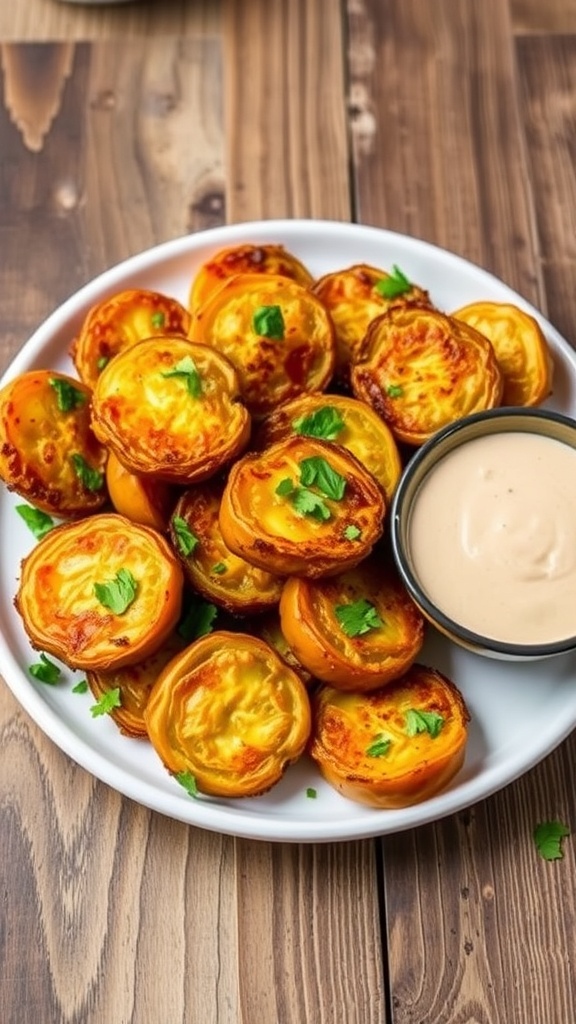 Healthy Air Fryer Green Tomato Recipe Crispy air fryer green tomatoes served with dipping sauce on a rustic wooden table.